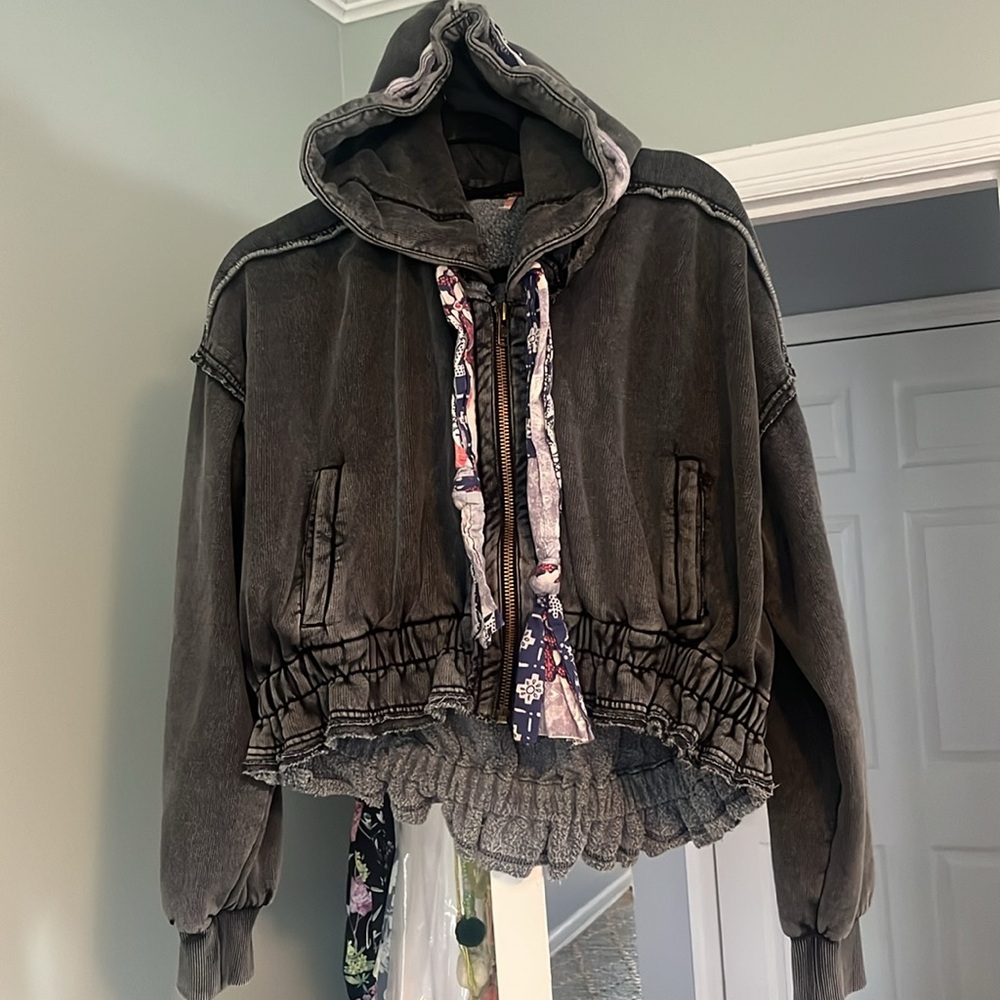 Free People Charcoal Hooded Sweatshirt with Floral Ties